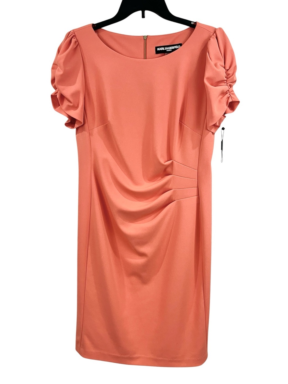Karl Lagerfeld Coral Peach Short Puffy Sleeve Asymmetrical Ruched Sheath Dress